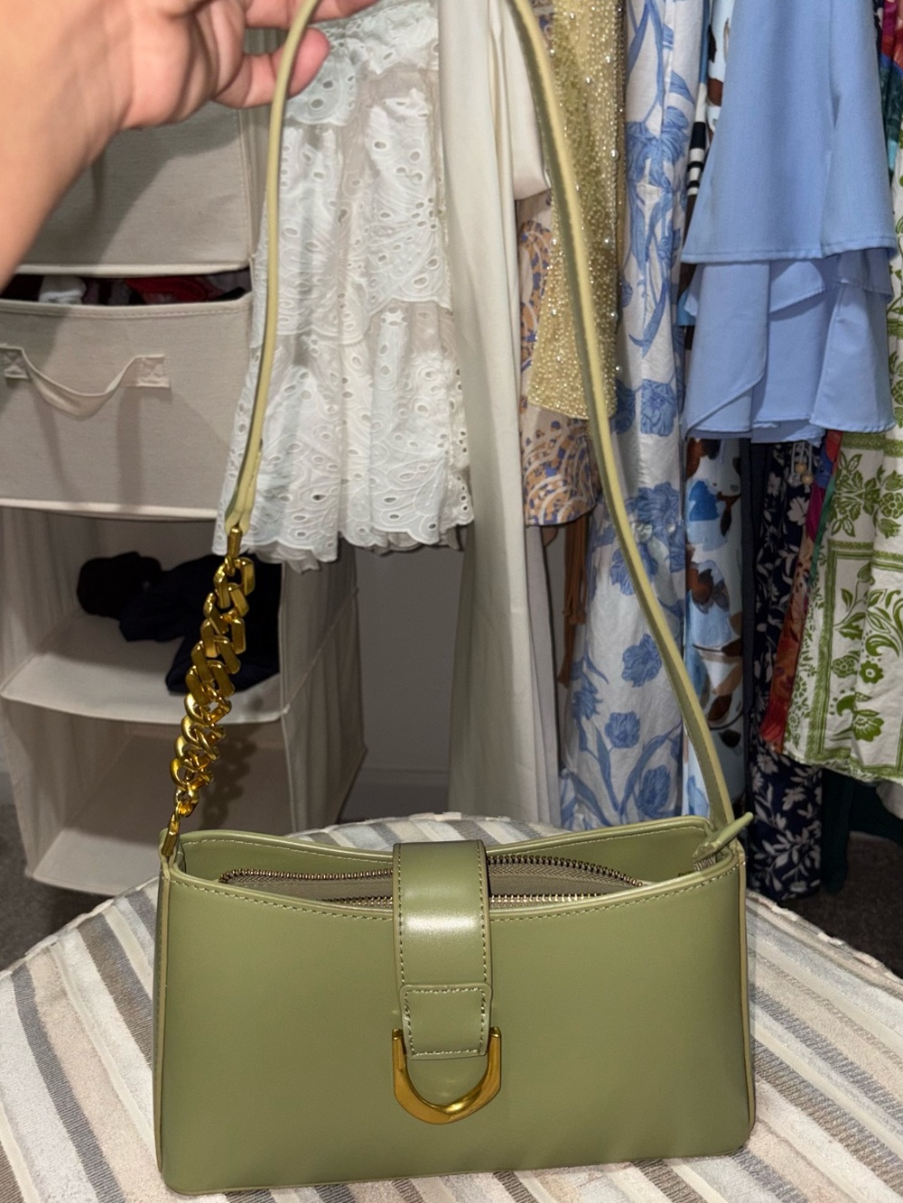 Mystique Boutique Olive Green Shoulder Bag with Gold Chain Accent